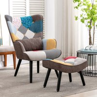 HomeMiYN Patchwork Fabric Single-Seater Sofa with Brown/Orange Cushion & Footstool For Living Room, Bedroom in Brown