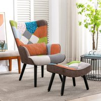 HomeMiYN Patchwork Fabric Single-Seater Sofa with Brown/Orange Cushion & Footstool For Living Room, Bedroom in Orange