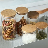 Living and Home 5.6L 5pcs Glass Jars Storage Container with Bamboo Lid (650ml+800ml+1000ml+1400ml+1750ml) in Clear