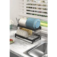 Living and Home 2-Tier Folding Carbon Steel Dish Drainer Rack with Kitchenware Holder in Black