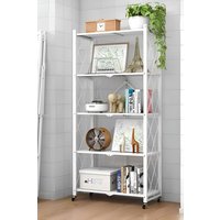 Living and Home 5-Tier Foldable Metal Storage Shelf with Casters in White