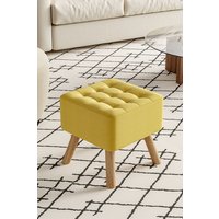 Living and Home Bright Yellow Linen Padded Wooden Leg Square Footstool