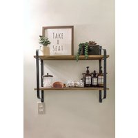 Living and Home 2 Tier Decor Floating Wall Shelf Retro Style Metal Wooden Storage Rack in Black