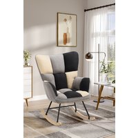 Living and Home Beige Grey Black Check Tufted Linen Patchwork Rocking Chair