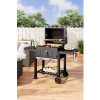 Living and Home Portable Charcoal BBQ Grill, Heavy Duty Outdoor Carbon Steel Barbecue Stove Smoker w/ Warming Rack & Thermometer & Mobile Wheels for