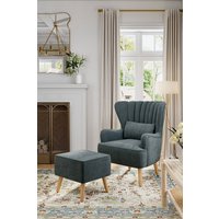 Living and Home Grey Brushed Fabric Stripe Curved Backrest Armchair with Footstool & Cushion