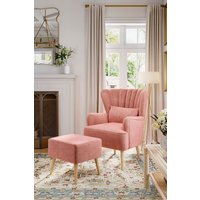 Living and Home Pink Matte Velvet Stripe Curved Wing Back Armchair with Cushion and Footstool