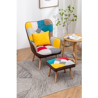 Living and Home Colorful Multi-pattern Patchwork Accent Chair Wingback Sofa with FootStool and Cushion in Blue