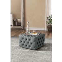 Living and Home 62cm W Grey Velvet Buttoned Tufted Square Footstool Coffee Table