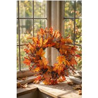 Living and Home 45cm Autumn Maple Leaf Berry Rattan Wreath with 2m LED Lights Fall Home Decoration in Orange