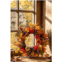 Living and Home 60cm Maple Leaf, Pumpkin Berry & Rattan Wreath with 2m LED Lights Fall Home Decoration in Orange