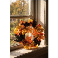 Living and Home 35cm Halloween Maple Leaves Berries Rattan Wreath with Ghost Card & 2m LED String Lights in Orange