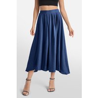 MODISHION Women's High Waist A-line Midi Skirt with Partially Elastic Waistband & Pockets in Dark Blue | Size: 2XL