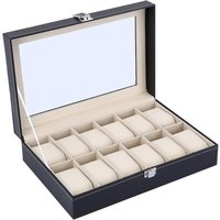 12 Slot Faux Leather Watch Box Transparent Lid Velvet Lined Organiser
