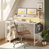 BEXEVUE L-Shaped Computer Gaming Desk with Power Outlets & Shelves 120×70cm in White | Size: 120 cm x 70 cm