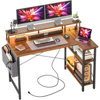 BEXEVUE L-Shaped Computer Gaming Desk with Power Outlets & Shelves 120×70cm in Walnut | Size: 120 cm x 70 cm