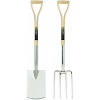 Pegdev Premium Stainless Steel Garden Spade & Fork Set with Ash Handles in Light Oak