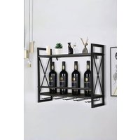 Living and Home 2-Tier Wall-Mounted Hanging Wine Storage Rack Floating Shelf with 5 Glass Holder in Brown