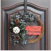 Living and Home 40cm Halloween Wreath with Pumpkin, Bow & Pine Cones Rustic Vine Door Hanging with “Halloween" Sign