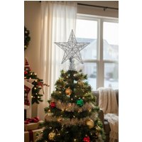 Living and Home 25cm Christmas Tree Topper Silver Glitter Christmas Tree Star with LED Lights
