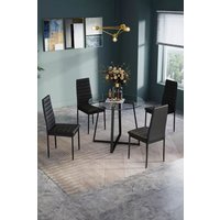 Living and Home 5-Piece Dining Table Set of 4 Faux Leather Dining Chairs and Tempered Glass Round Table in Black