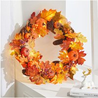 Living and Home 60cm Pre-Lit Autumn Wreath with Pine Cones & Maple Leaves for Harvest, Thanksgiving & Halloween Decor in Orange