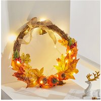 Living and Home 40cm Pre-Lit Halloween Wreath with Face, Maple Leaves & Bell Seasonal Decorations for Front Door in Orange