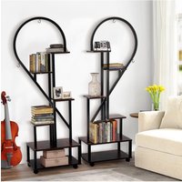 Living and Home 2Pcs Half-Heart-Shaped Tiered Plant Stand Metal Flower Stand Holder Rack Book Shelf with Wheels Hooks in Dark Brown