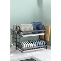 Living and Home 2-Tier Steel Dish Drainer Rack Drying Storage Rack Kitchenware Shelf with Kitchen Utensil Holder in Black