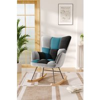 Living and Home Blue Grey Black Check Tufted Linen Patchwork Rocking Chair