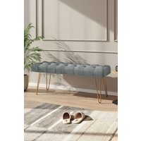 Grey Buttoned Velvet Bench with Hairpin Legs