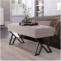 Beige Mid Century Metal Linen Upholstered Bench