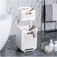 H&O Direct 2-Tier Foldable Laundry Baskets with Casters in White