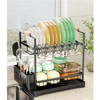 Living and Home 2-Tier Dish Drying Rack Plate Cup Drainer with Detachable Drainboards & Kitchenware Holder in Black