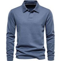 MODISHION Men's Solid Cotton Long Sleeve Polo Shirt - Blue, Size 2XL