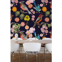 Origin Murals Floral Birds Wall Mural in Indigo | Size: W350 cm x H280 cm