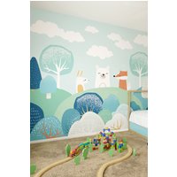 Origin Murals Woodland Friends Wall Mural in Blue | Size: W350 cm x H280 cm