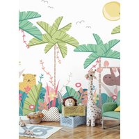 Origin Murals Jungle Animals Wall Mural in Pale Green | Size: W300 cm x H240 cm