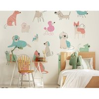 Origin Murals Happy Dogs Wall Mural in Pink | Size: W350 cm x H280 cm