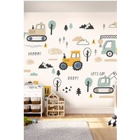 Tractors & Diggers Wall Mural Duck Egg W350 cm x H280 cm