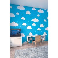 Origin Murals Cartoon Cloudy Sky Wall Mural in Blue | Size: W300 cm x H240 cm