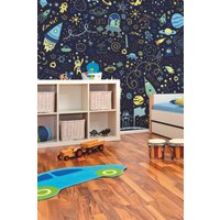 Origin Murals Space Doodle Text Wall Mural in Mid Navy | Size: W350 cm x H280 cm