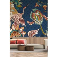 Origin Murals Cranes in Flight Wall Mural in Blue | Size: W350 cm x H280 cm