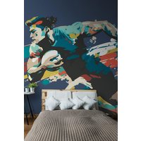 Origin Murals Rugby Player In Graphic Style Wall Mural in Blue | Size: W350 cm x H280 cm