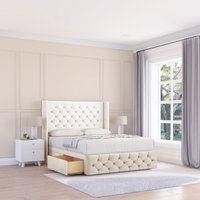 Sloomy Luthor Plush Wingback Bed Set, No Drawers & 54" Floor Standing Headboard in Cream | Size: Double