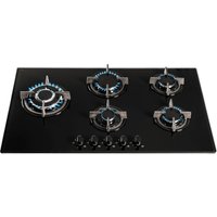 90cm 5 Burner Gas On Glass Hob Cast Iron Pan Stands GHG902BL