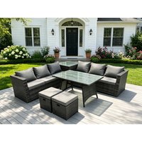 Fimous Outdoor Rattan Garden Furniture Set Corner Sofa Dining table With 2 PC Footstools in Dark Grey
