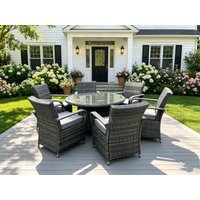 Fimous Rattan Garden Furniture Dining Set Table & Chairs WiCker Patio Outdoor 6 Chairs Plus Big Round Table in Dark Grey