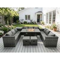 Fimous Outdoor Rattan Garden Furniture Gas Fire Pit Dining Table Gas Heater Sets Side Table Small Footstools in Dark Grey