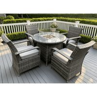 Fimous Rattan Gas Fire Pit Round Dining Table & Dining Chairs in Dark Grey